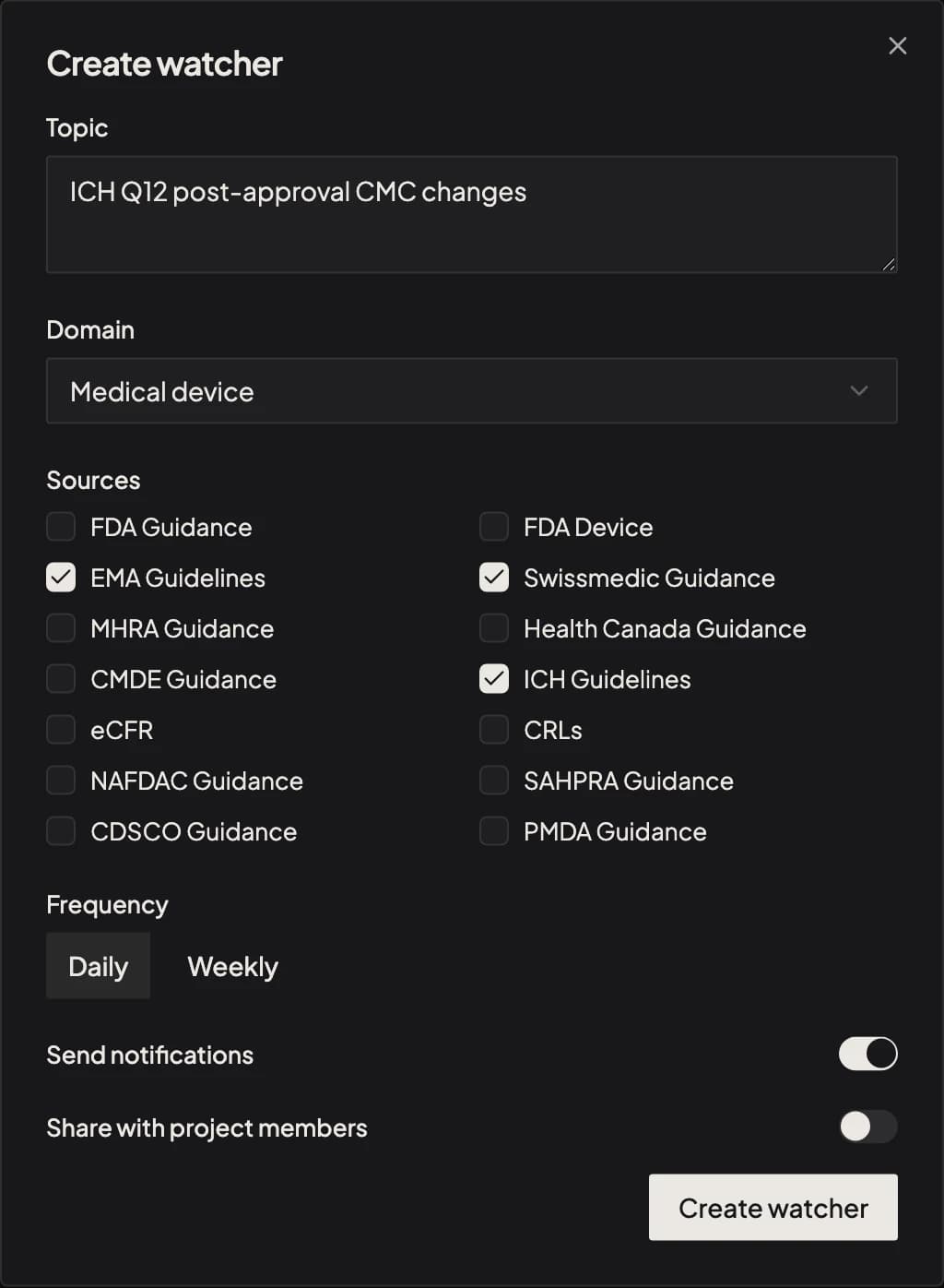 Track regulatory change with cited alerts. — create watcher