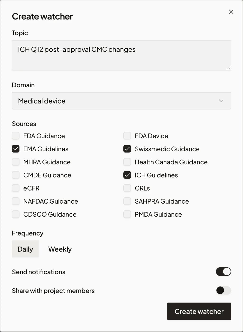 Track regulatory change with cited alerts. — create watcher